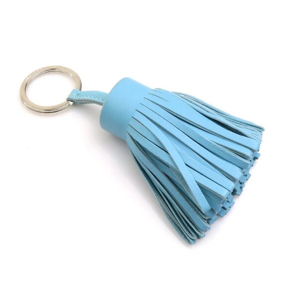 HERMES Carmen Key Ring Holder Light Blue/Silver Leather/Metal